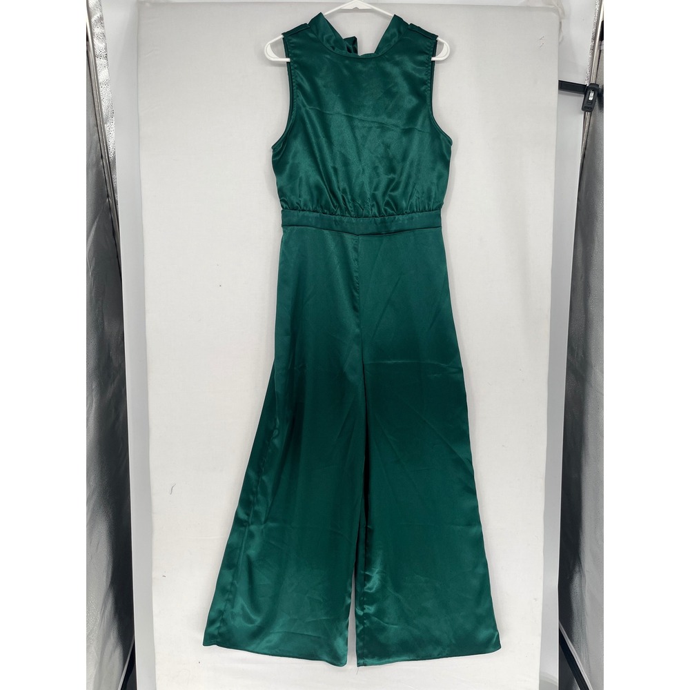 Francesca's Betty Lou Sleeveless High Neck Satin Wide Leg Jumpsuit Green Large